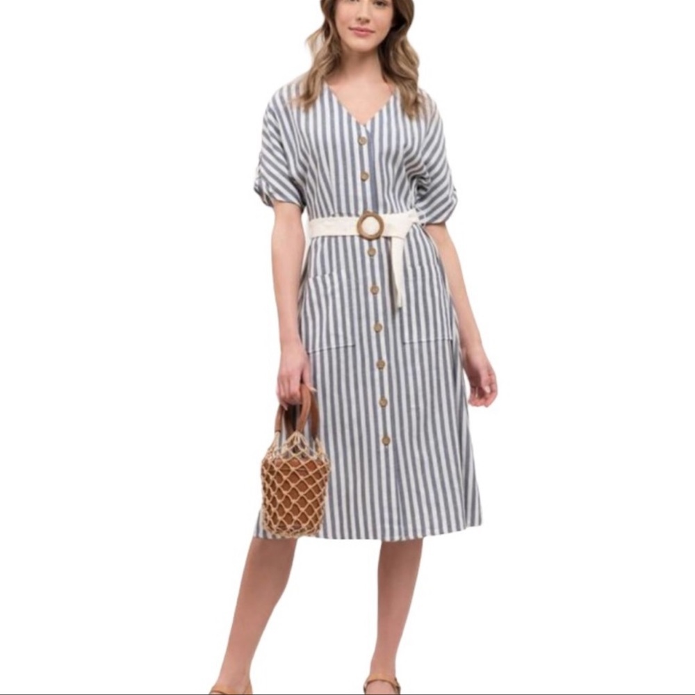 day to day by Blu Pepper Button-Down Belted Striped Midi Dress
